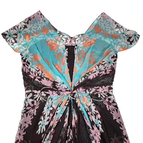 Diane von Furstenberg Floral Silk Dress Sz.6 Blue Brown Sort Sleeve Fairy Party - Picture 10 of 14